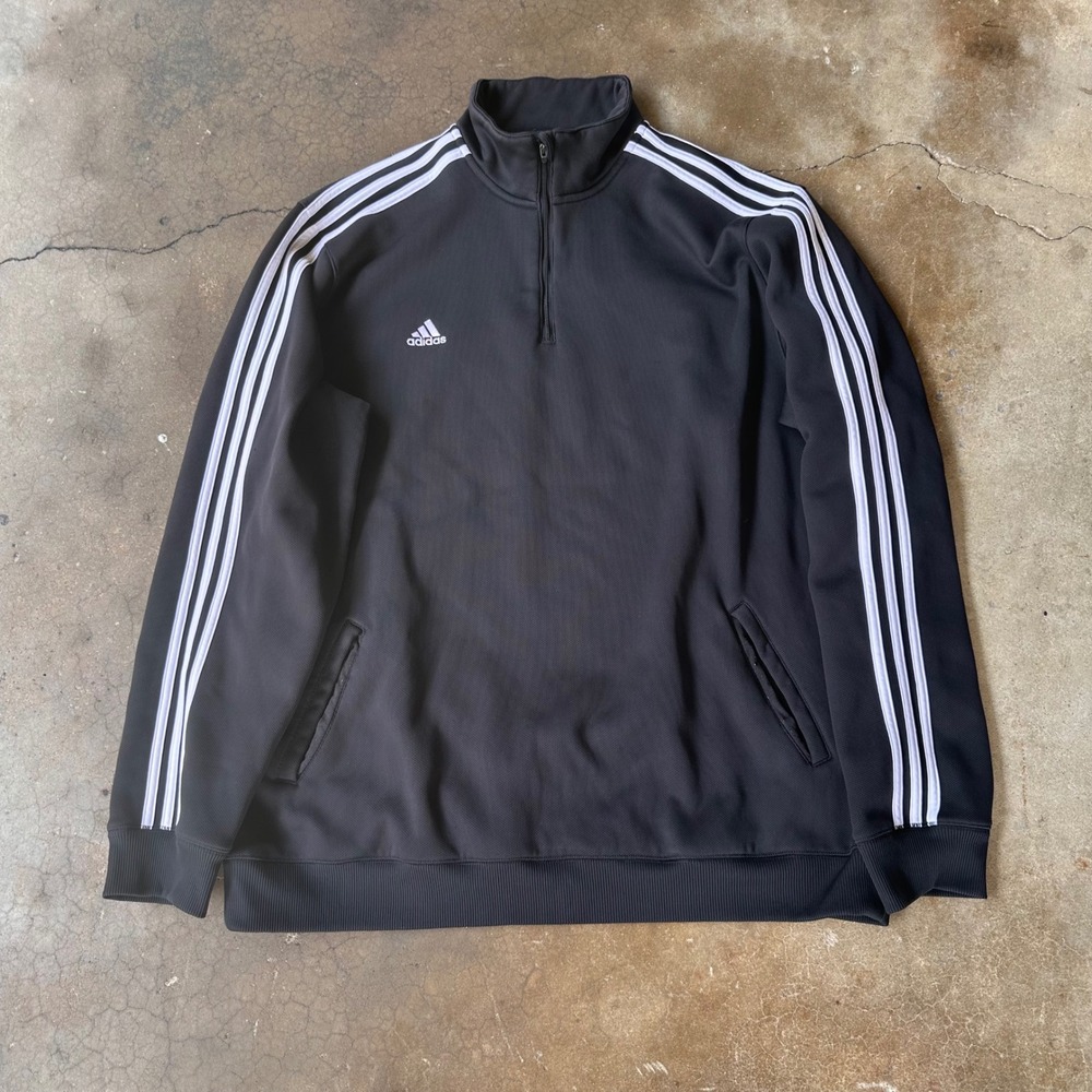 Adidas Track Jacket Mens 3XL Black Excellent 1/4 Zip 3-Stripe Fleece Lined